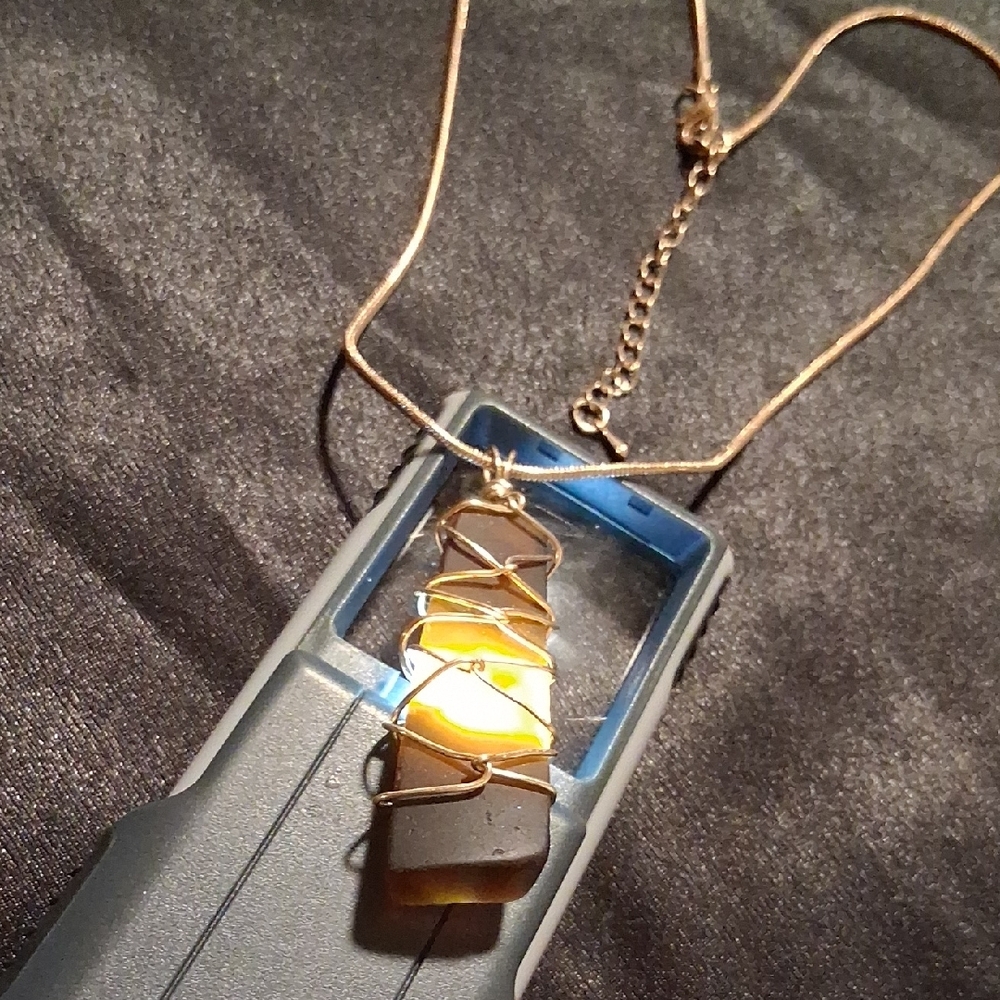 Gold Wire Wrapped Amber Sea Glass Pendant Necklace.20 In Long.